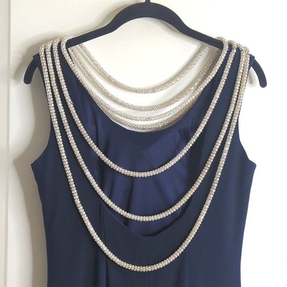 Precious Formals Lux Gal Navy Evening Gown Tiered Rhinestone Cord Neckline S - Picture 3 of 17
